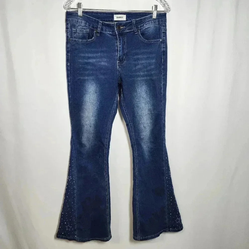 Bamboo Women's Size 11 Embellished Flare Leg Denim Jeans Studded Rhinestones